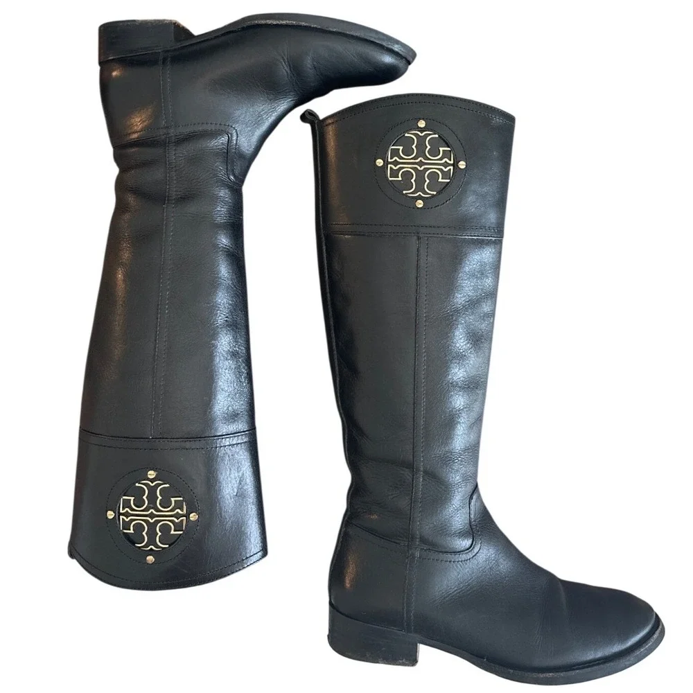 Tory Burch Kiernan Black Leather Riding Boots Gold Logo Knee High 7